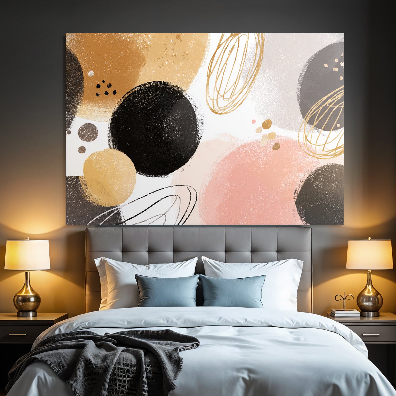 Abstract design with circles and ovals in gold, pink and beige