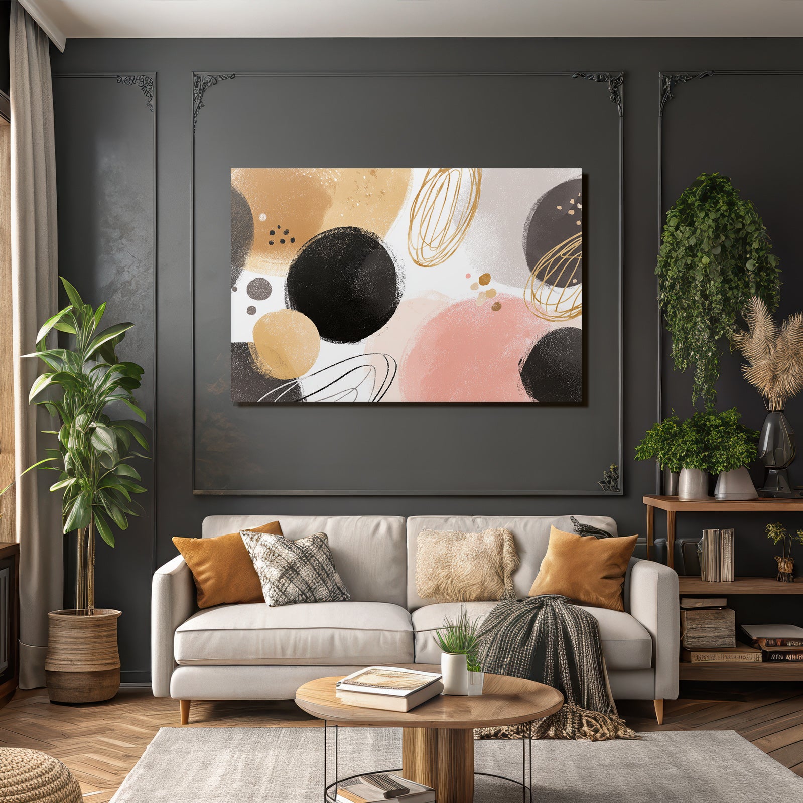 Abstract design with circles and ovals in gold, pink and beige