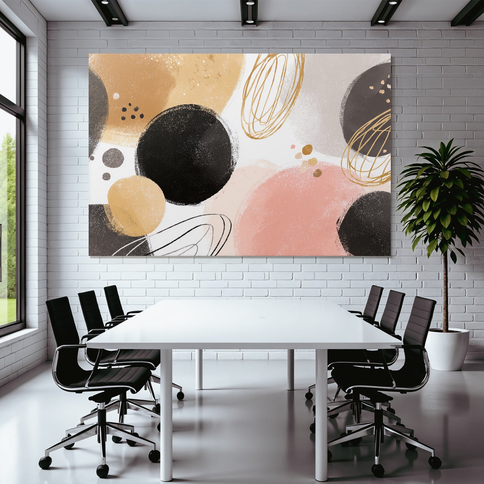 Abstract design with circles and ovals in gold, pink and beige