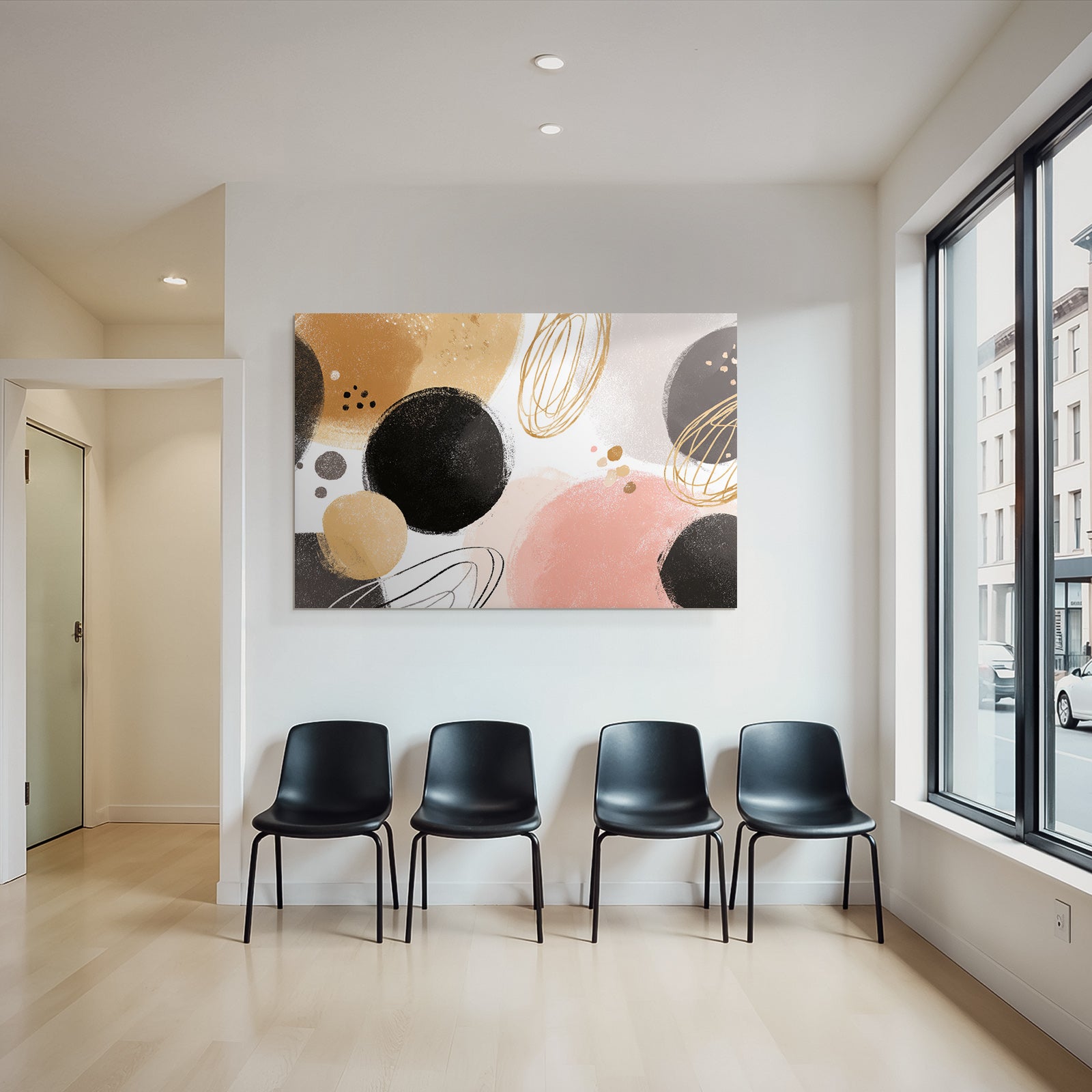 Abstract design with circles and ovals in gold, pink and beige