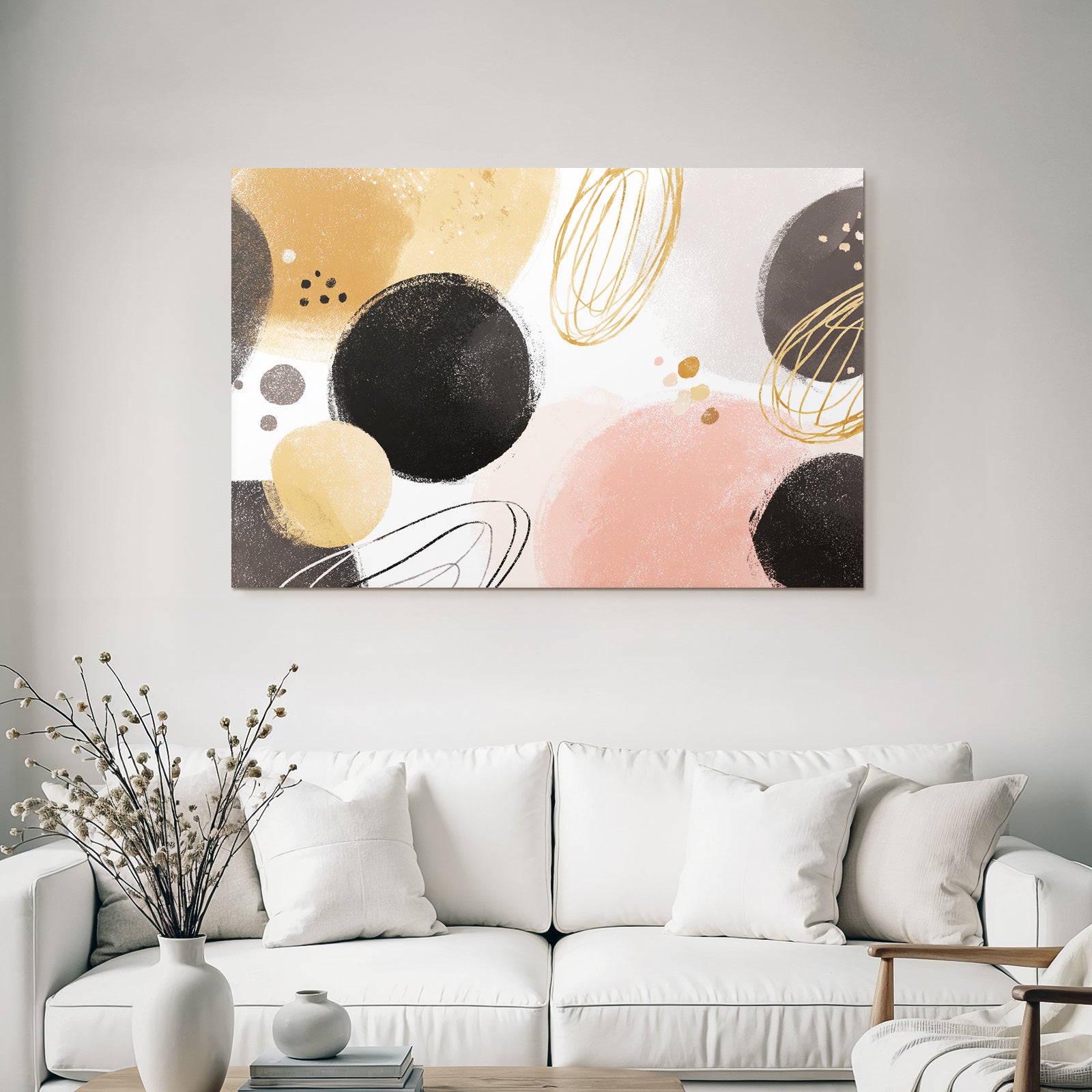 Abstract design with circles and ovals in gold, pink and beige