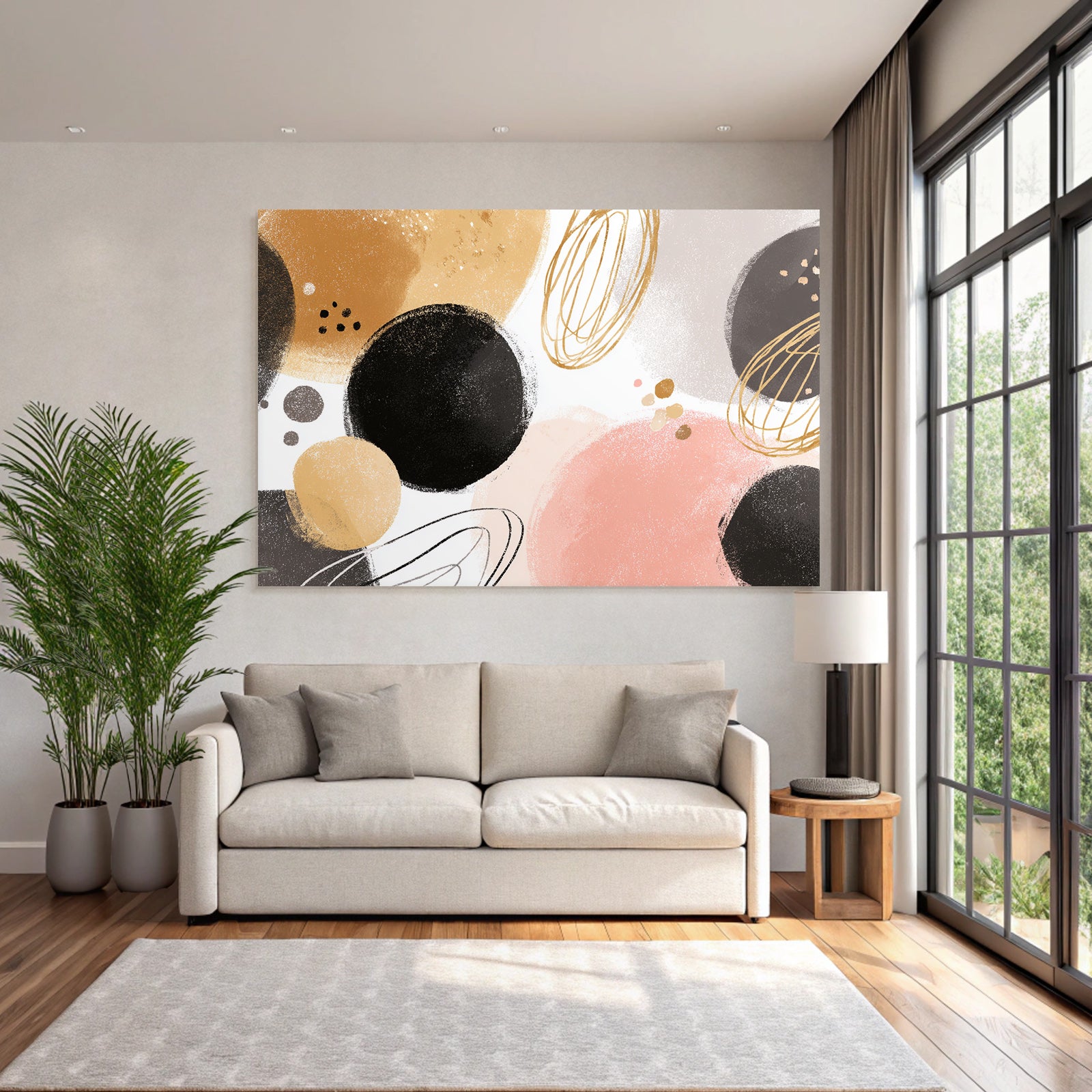 Abstract design with circles and ovals in gold, pink and beige
