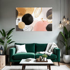 Abstract design with circles and ovals in gold, pink and beige