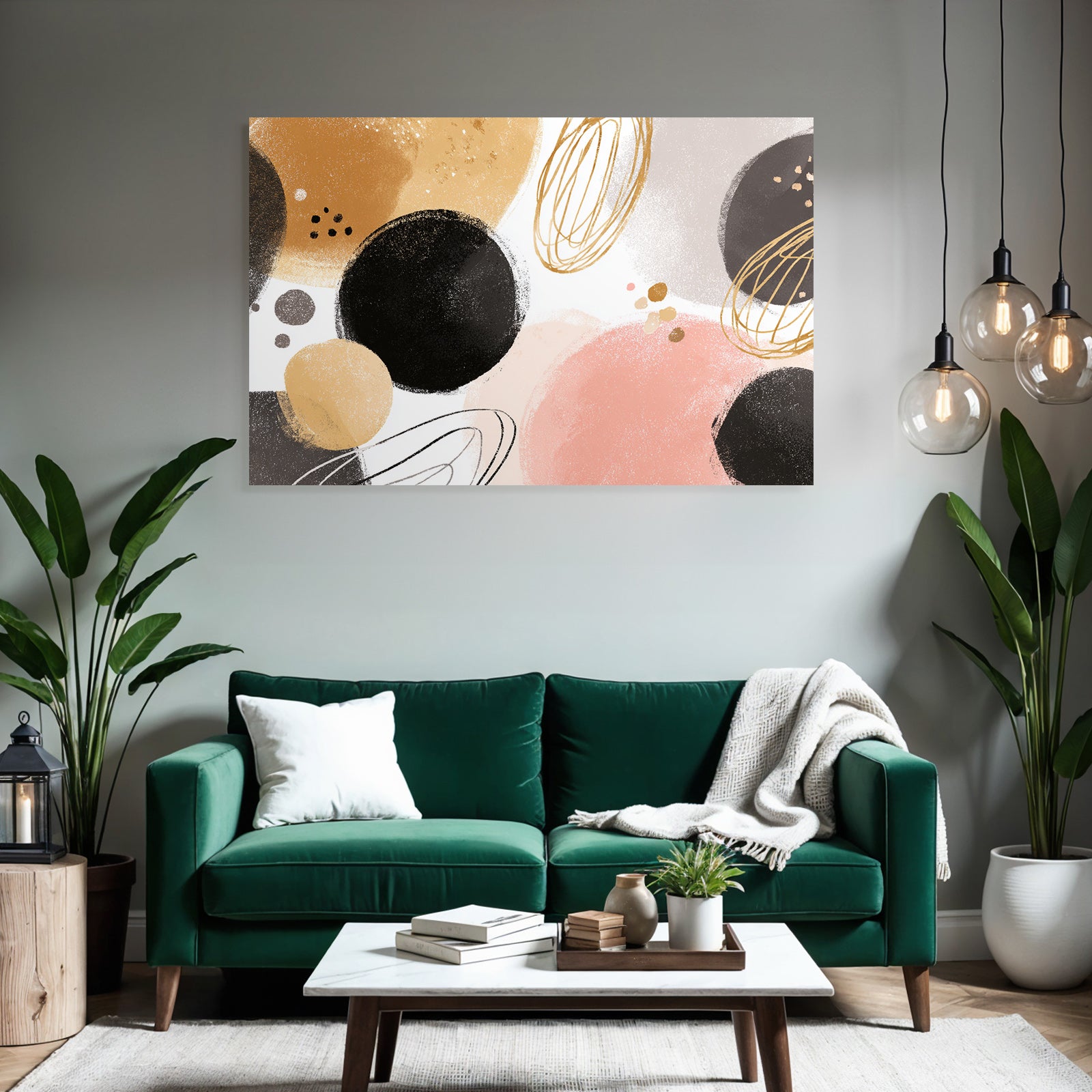 Abstract design with circles and ovals in gold, pink and beige