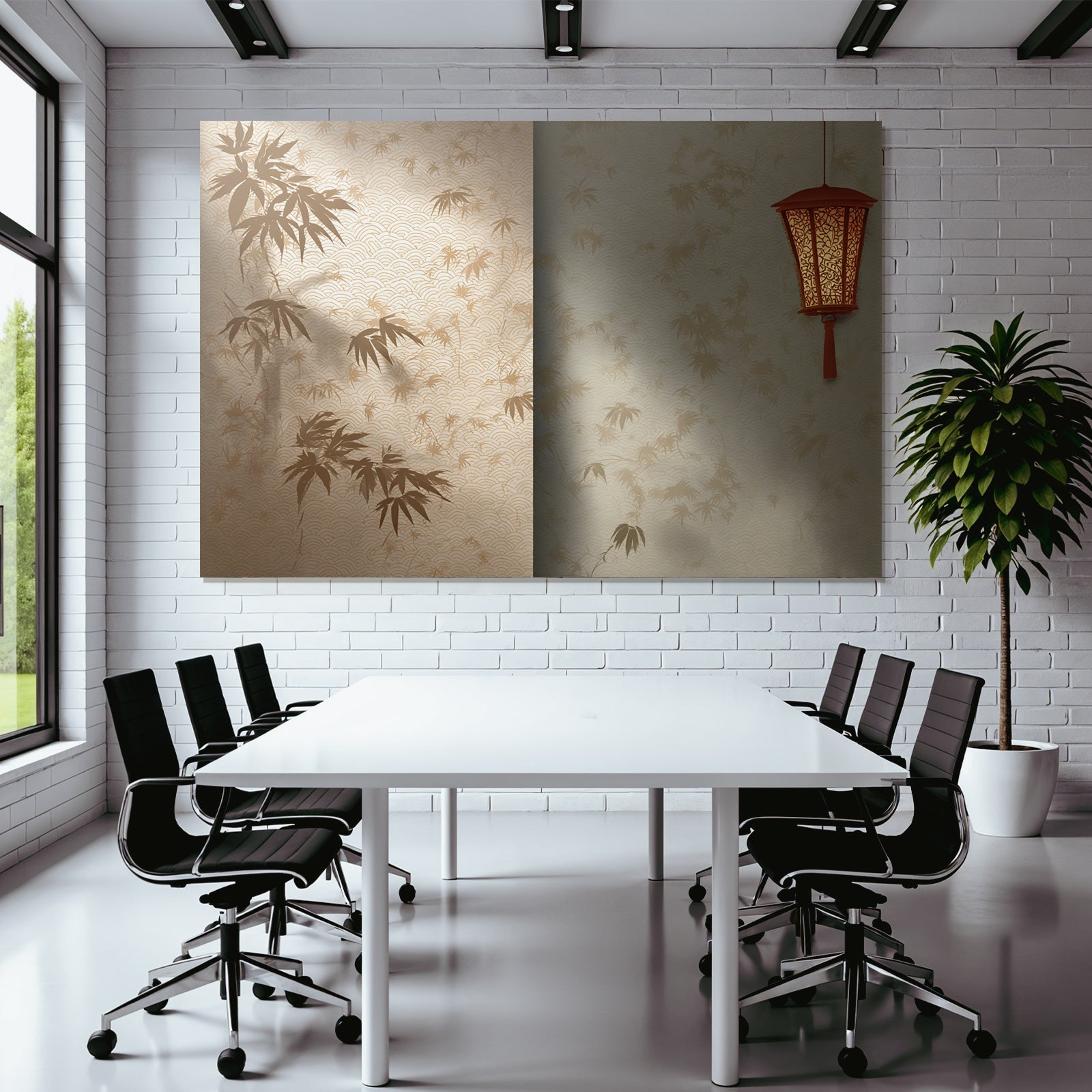 Dekorative Wandgestaltung Mit Bambusmotiv Und Laterne