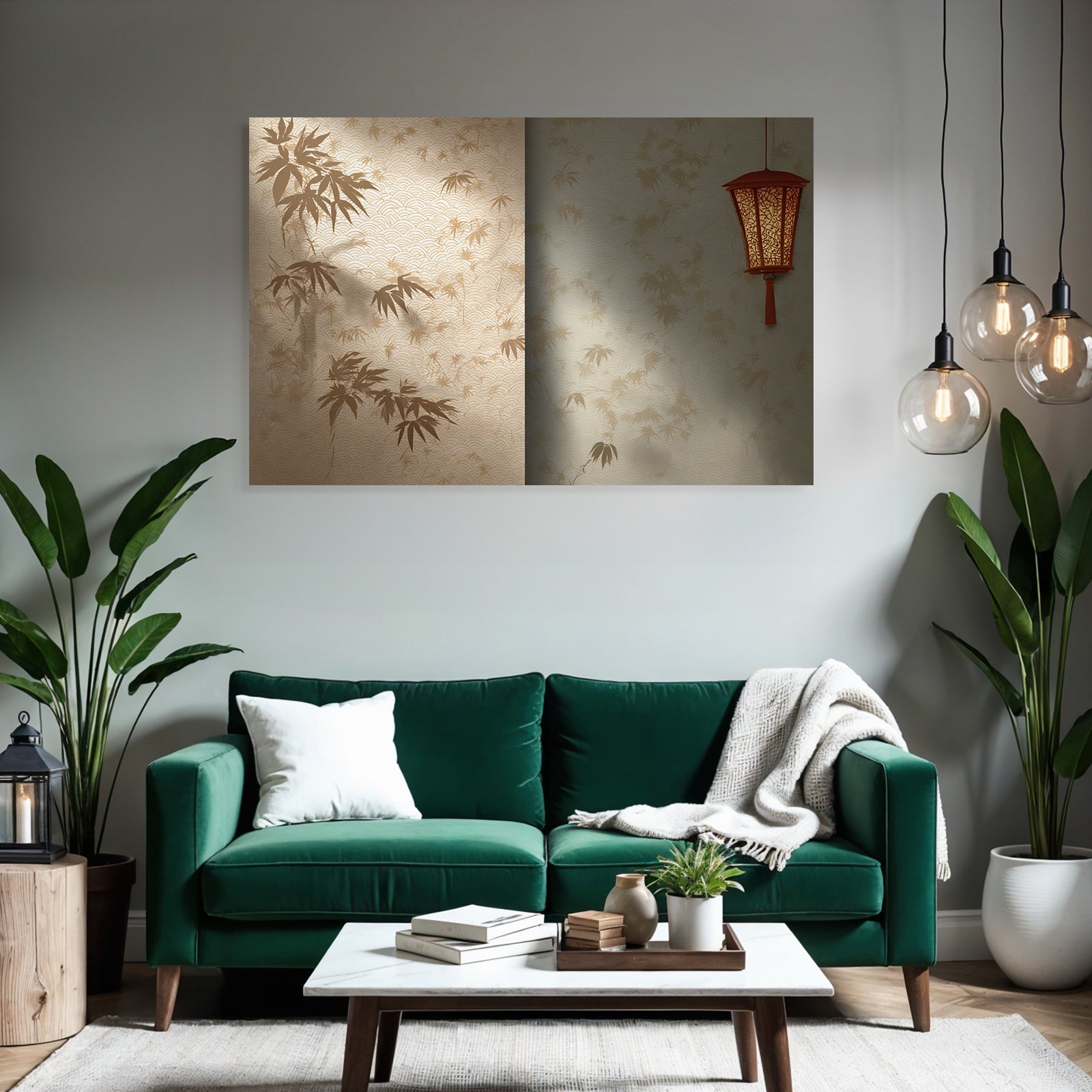 Dekorative Wandgestaltung Mit Bambusmotiv Und Laterne