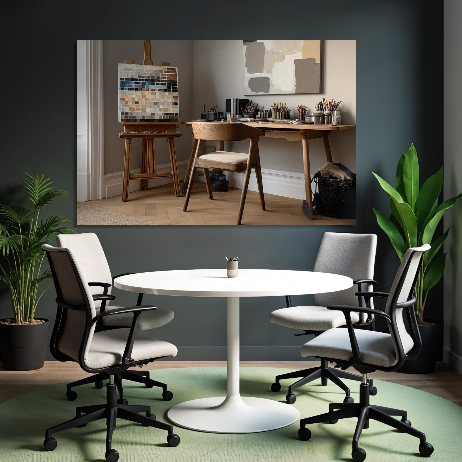 Kuenstler Studio Mit Easel Und Farbpalette Neutrale Farben