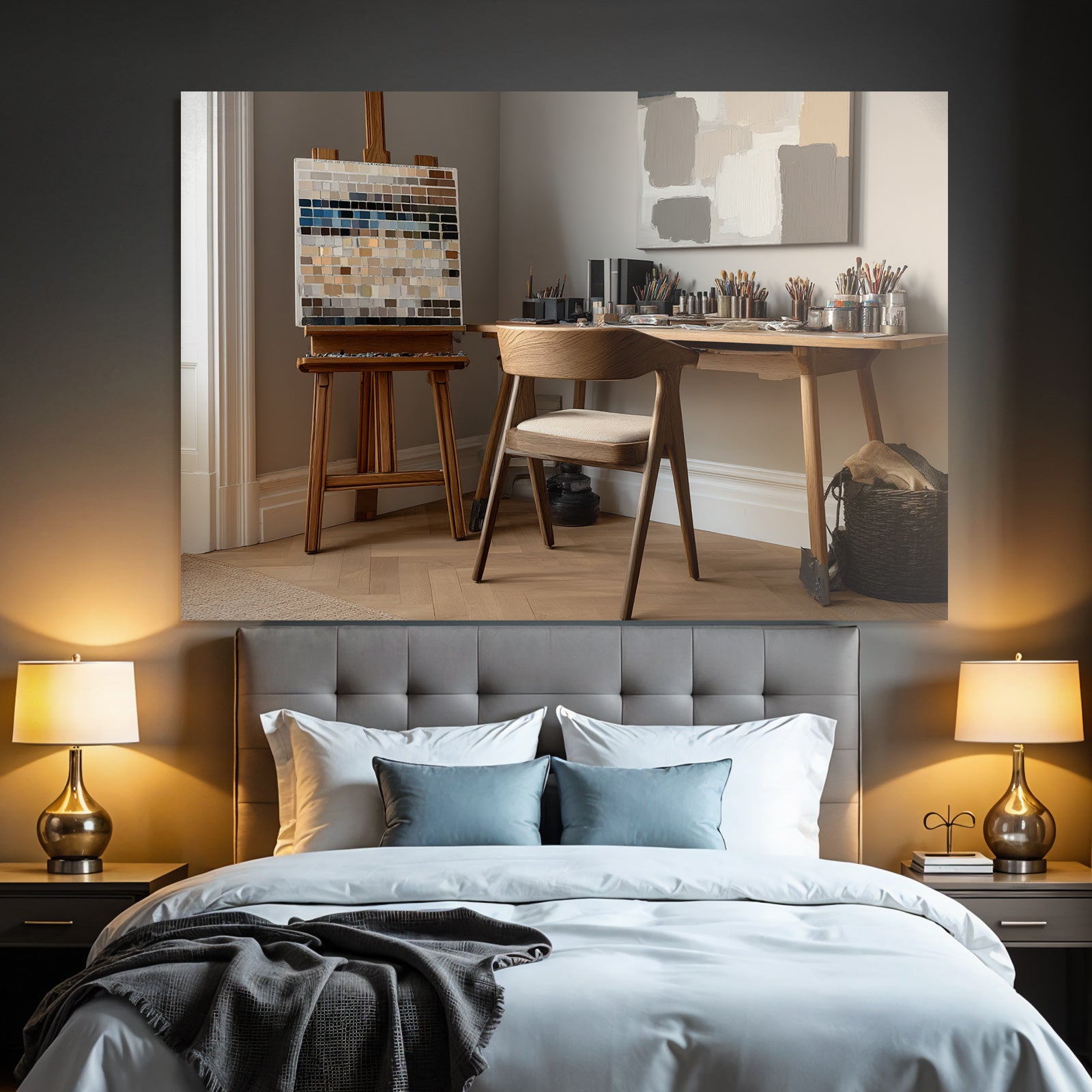 Kuenstler Studio Mit Easel Und Farbpalette Neutrale Farben