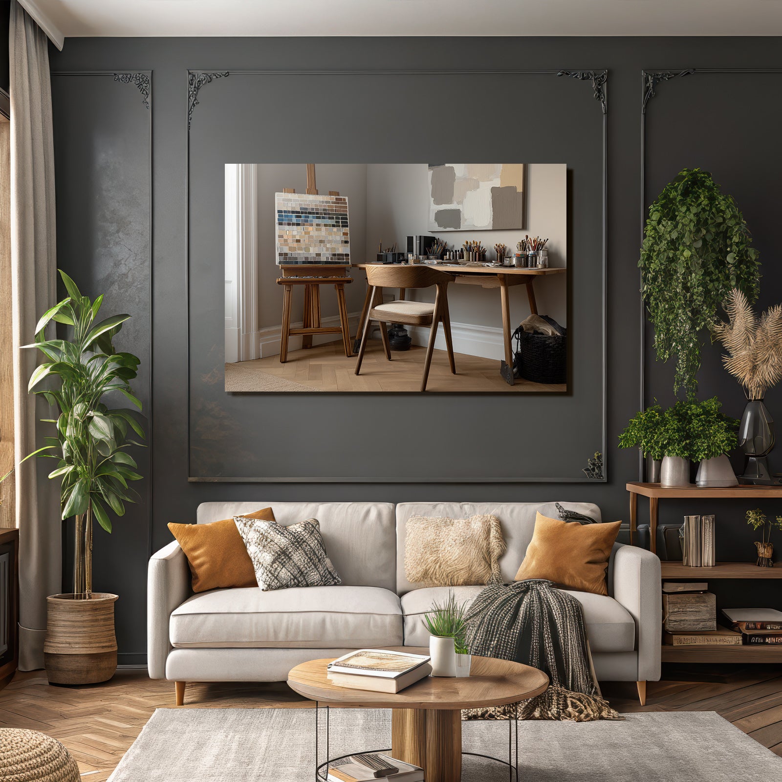 Kuenstler Studio Mit Easel Und Farbpalette Neutrale Farben