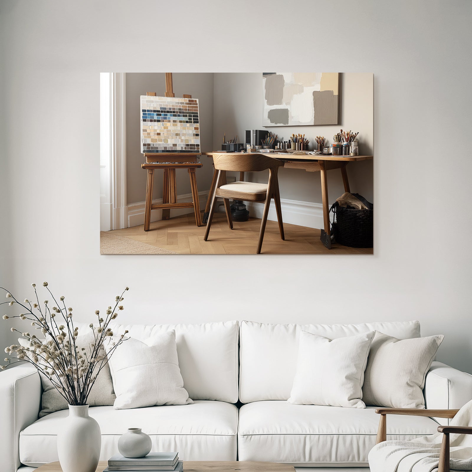 Kuenstler Studio Mit Easel Und Farbpalette Neutrale Farben