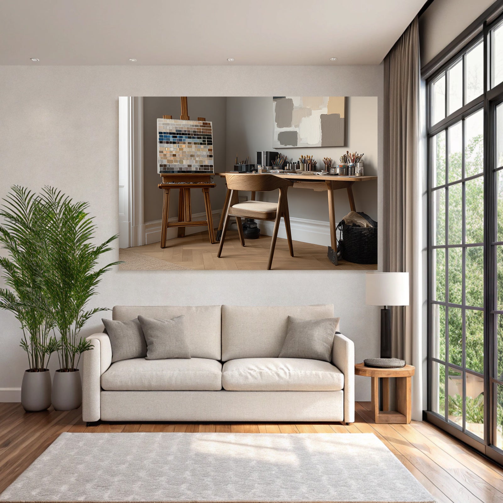 Kuenstler Studio Mit Easel Und Farbpalette Neutrale Farben