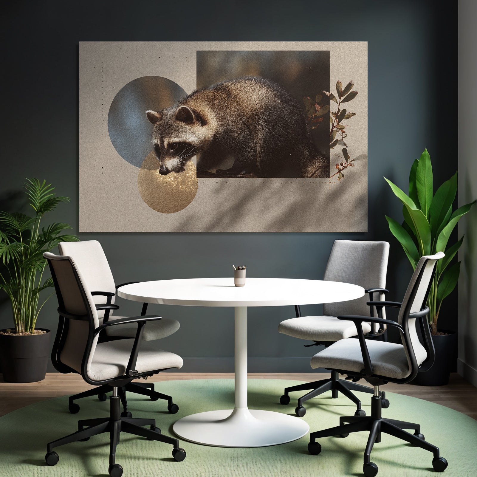 Raccoon Digitale Kunst Mit Kreisen Und Blattern Hintergrund Texturiert