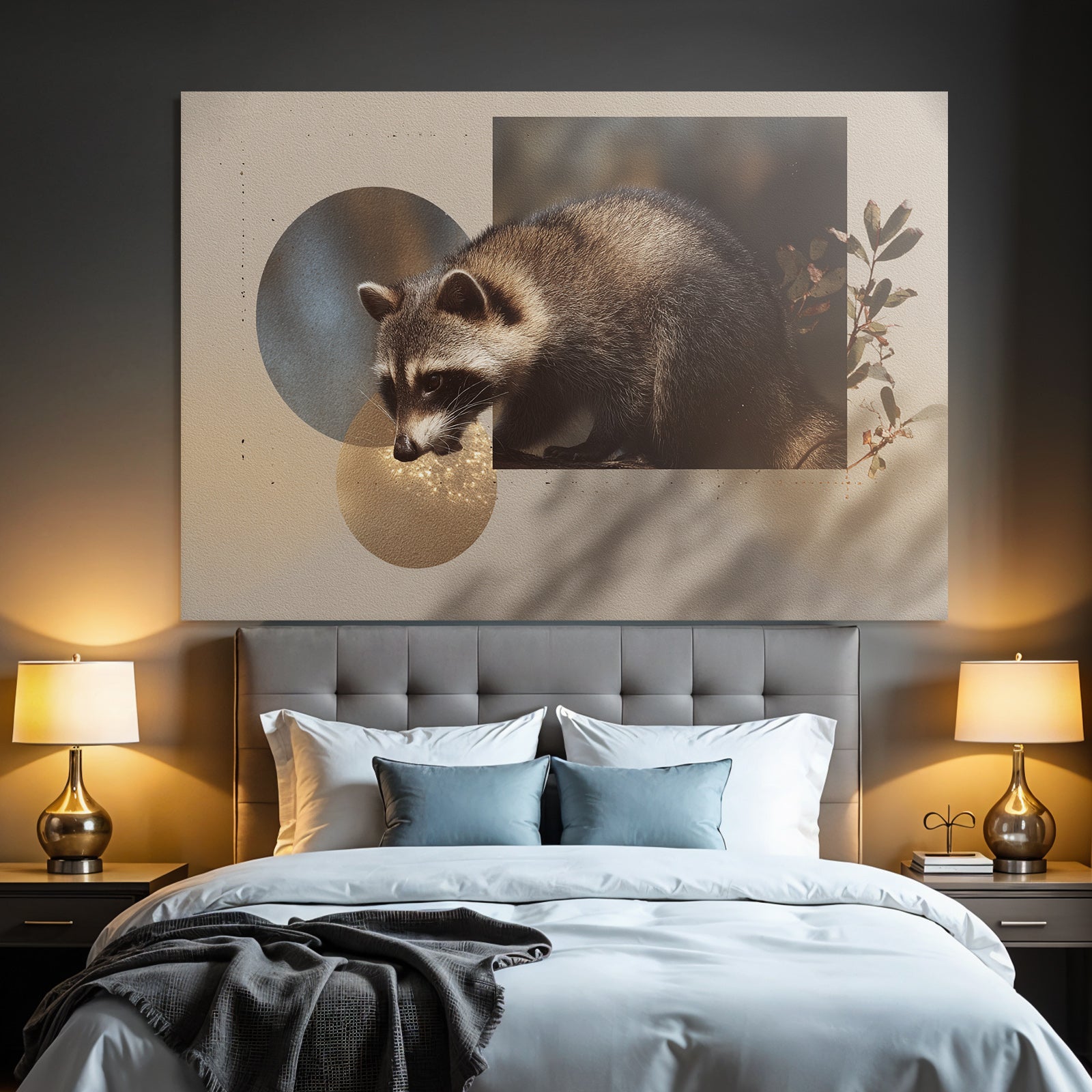 Raccoon Digitale Kunst Mit Kreisen Und Blattern Hintergrund Texturiert