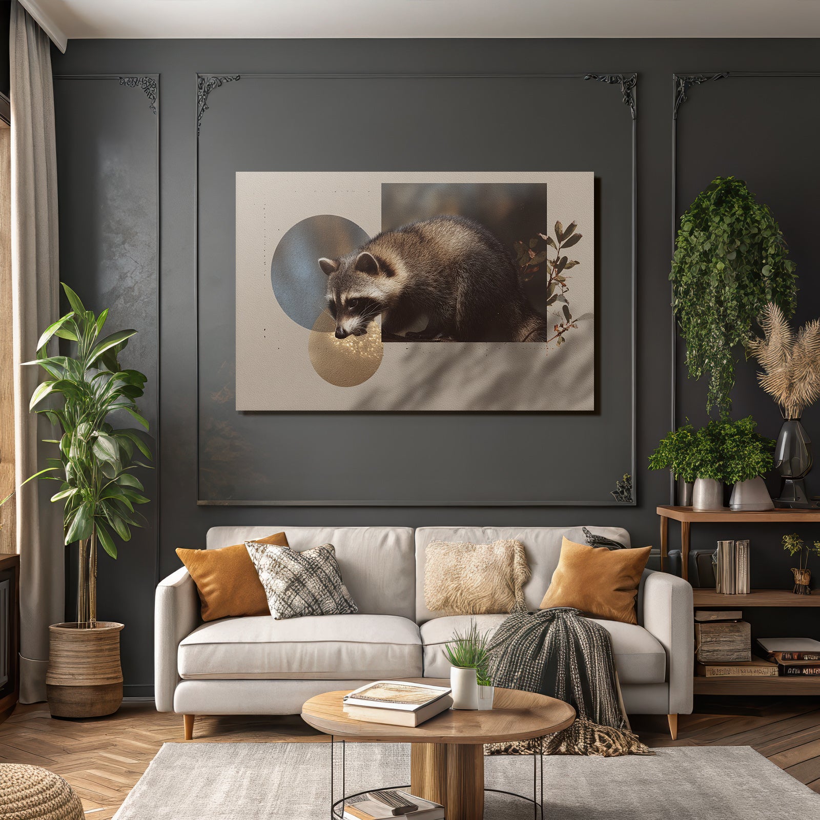 Raccoon Digitale Kunst Mit Kreisen Und Blattern Hintergrund Texturiert