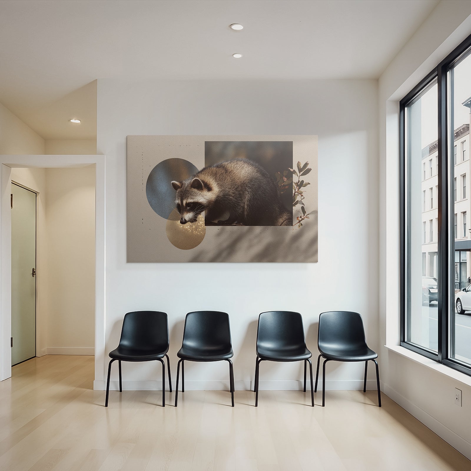 Raccoon Digitale Kunst Mit Kreisen Und Blattern Hintergrund Texturiert