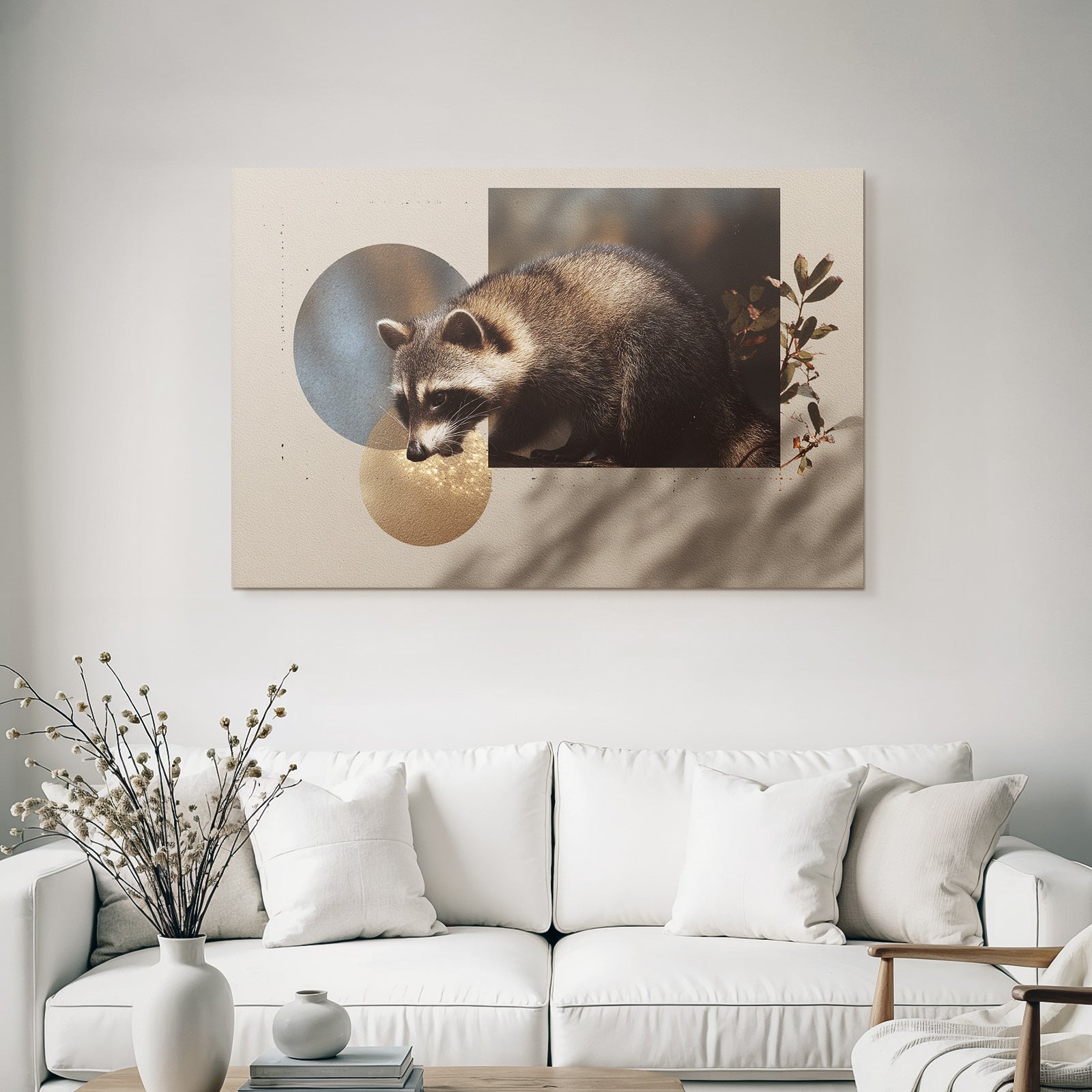 Raccoon Digitale Kunst Mit Kreisen Und Blattern Hintergrund Texturiert