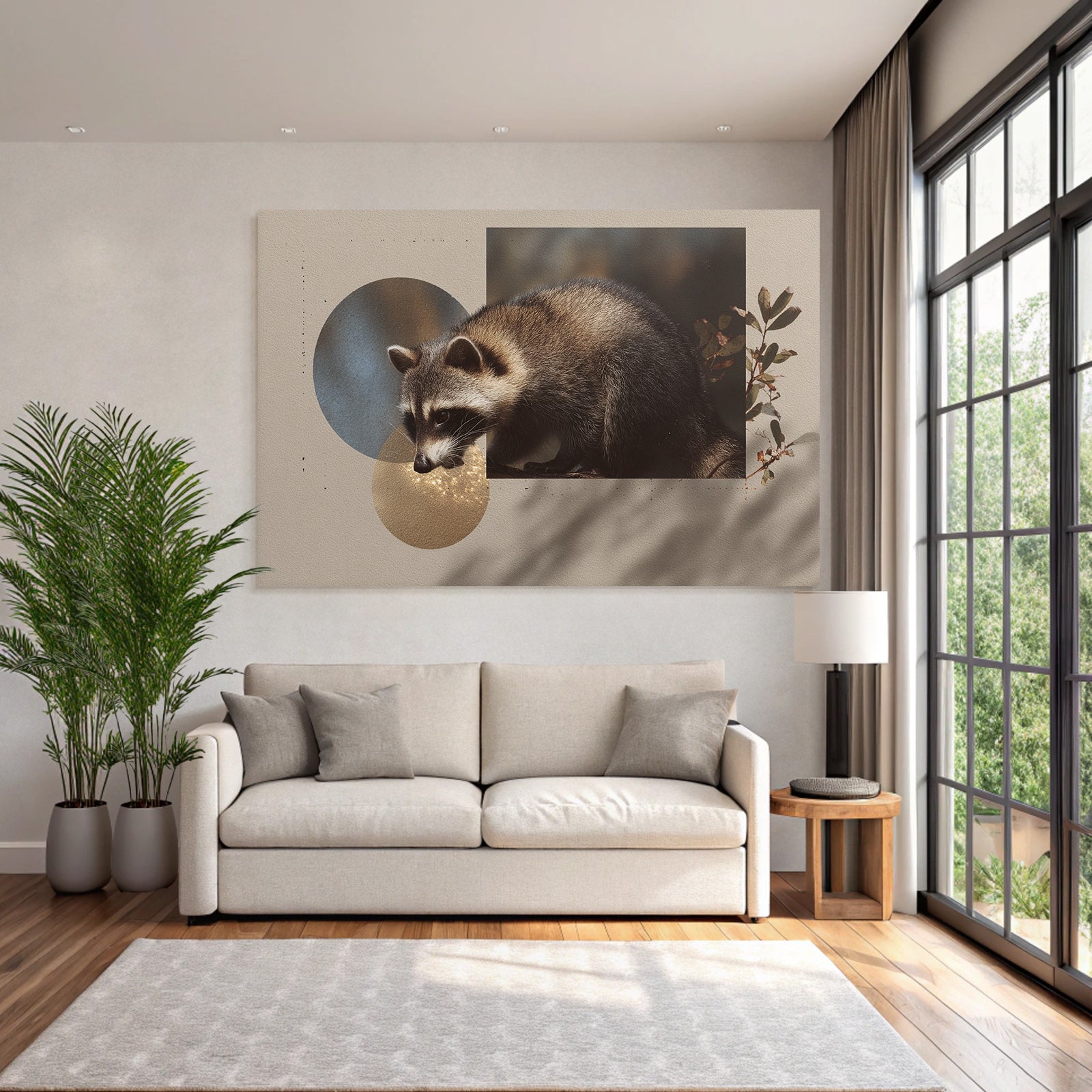 Raccoon Digitale Kunst Mit Kreisen Und Blattern Hintergrund Texturiert