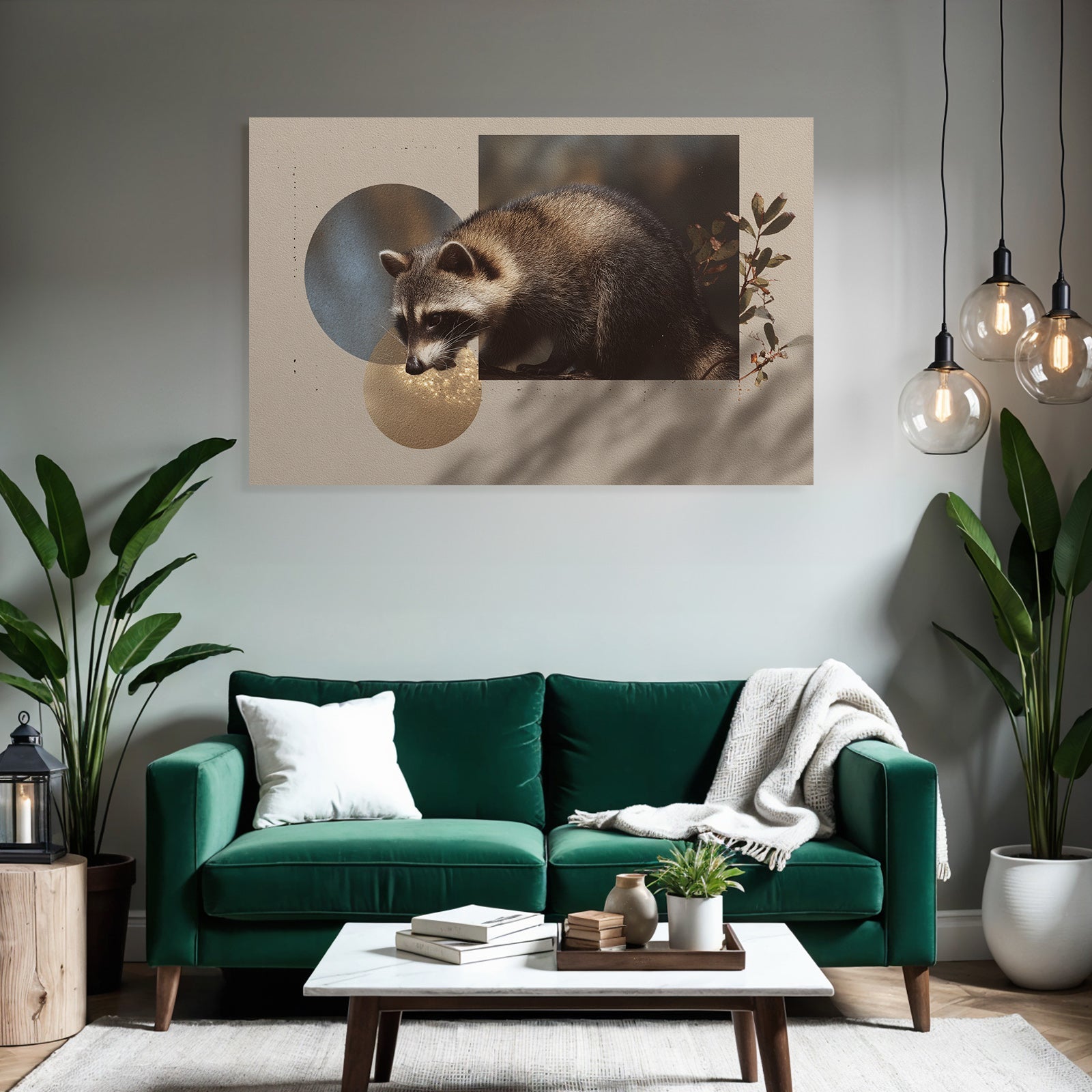 Raccoon Digitale Kunst Mit Kreisen Und Blattern Hintergrund Texturiert