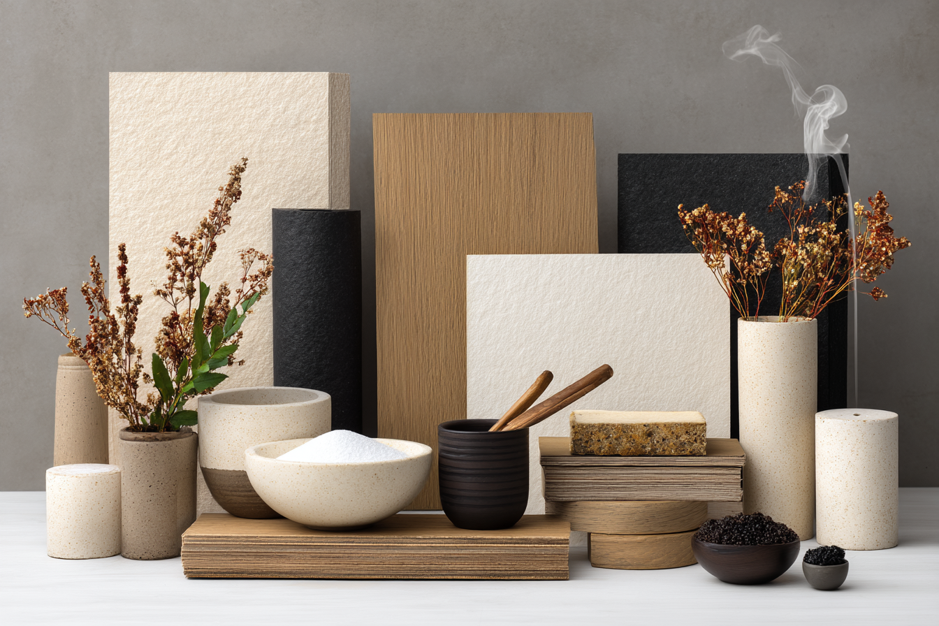 Stillleben Dekorative Elemente Keramiktoepfe Holzbretter Getrocknete Blumen Erdtoene | Modern Basic | Einrichtungsstile
