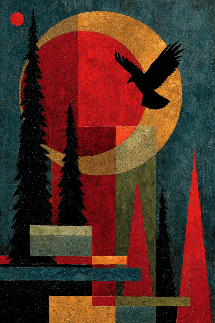 Abstrakte Kunst Geometrische Formen Natur Elemente Baeume Vogel Flug | Orientalisch | Einrichtungsstile