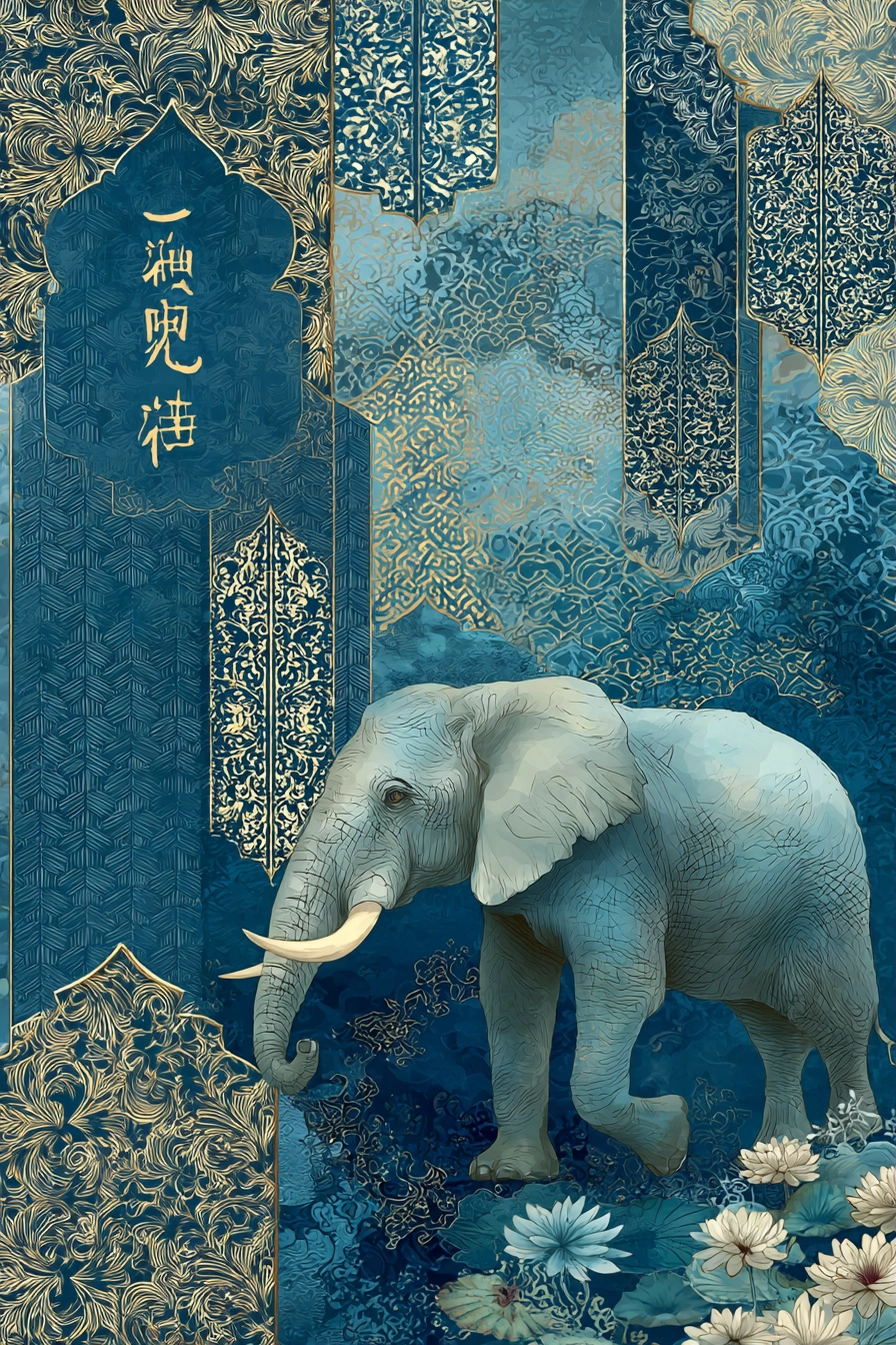 Elefant Muster Lotosblumen Blau Gold Kunstwerk | Orientalisch | Einrichtungsstile