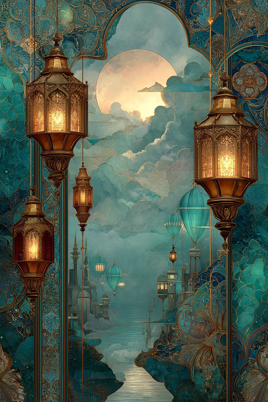 Fantastische Landschaft Mit Lanternen Und Mond Teal Gold | Orientalisch | Einrichtungsstile