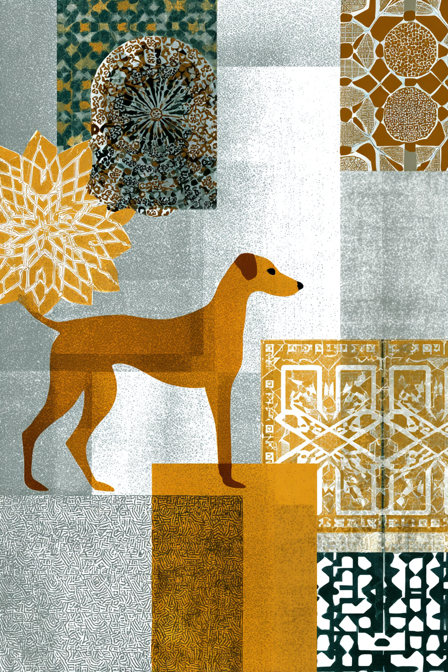Kuenstlerische Collage Hund Mit Dekorativen Mustern Geometrischen Designs Orange Gruen Grau | Orientalisch | Einrichtungsstile