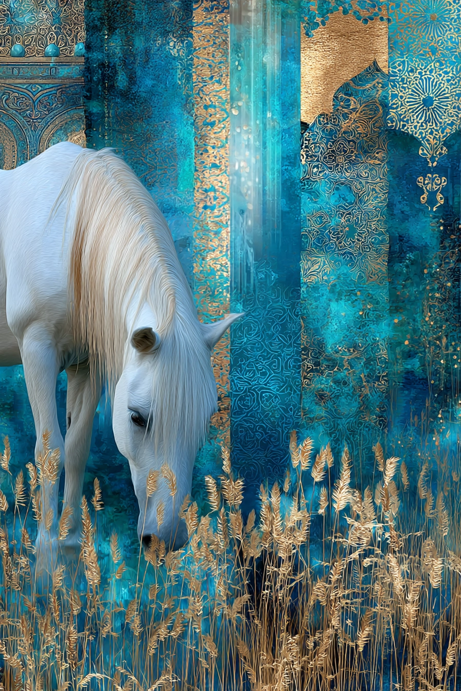 Weisse Pferd Im Goldenen Wheat Hintergrund Mit Bunten Muster | Orientalisch | Einrichtungsstile