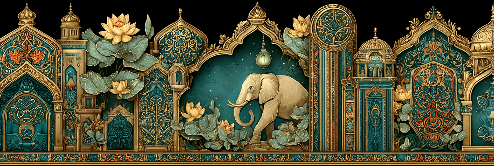 Dekorative Kunst Elefant Lotus Blumen Architektur Teal Gold | Orientalisch | Einrichtungsstile