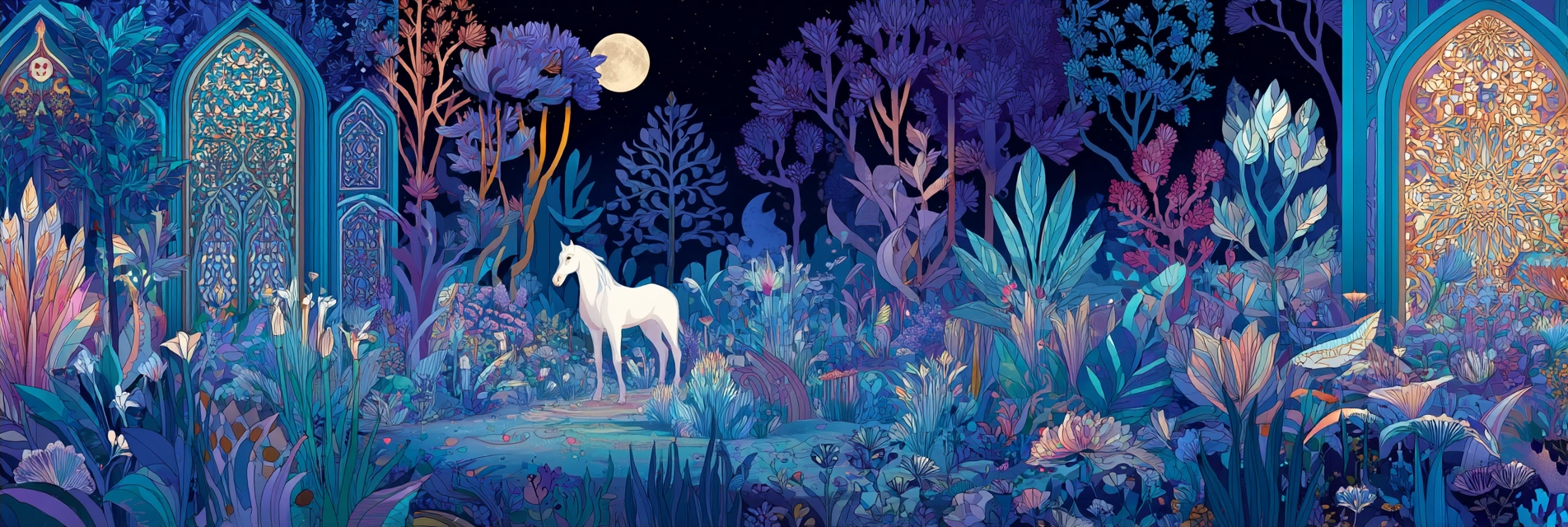 Fantastische Landschaft Einhorn Mit Farbenfrohem Baumhaus Nachtsky Full Moon | Orientalisch | Einrichtungsstile