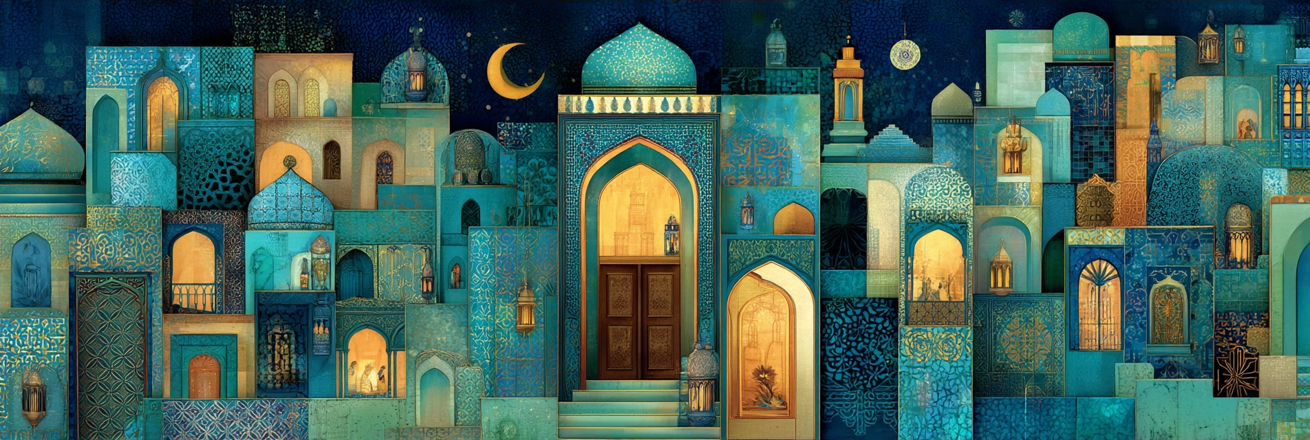 Farbige Stilisierte Architekturlandschaft Mit Moscheen Und Sternenhimmel | Orientalisch | Einrichtungsstile