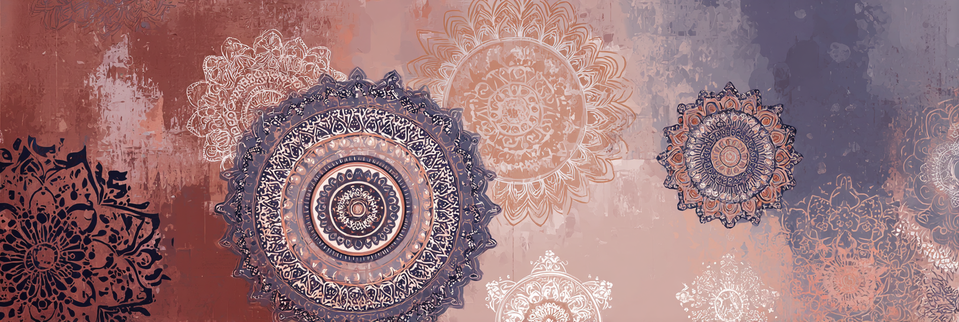 Intrikate Mandala Muster Farbenfroh Peach Violett Dunkelblau | Orientalisch | Einrichtungsstile