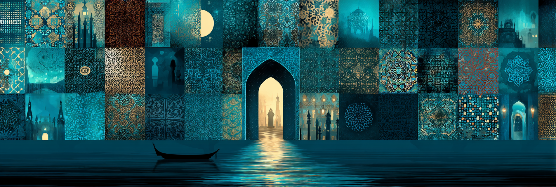 Intrikate Muster Montage Blaue Goldene Farbe Islamische Kunst | Orientalisch | Einrichtungsstile