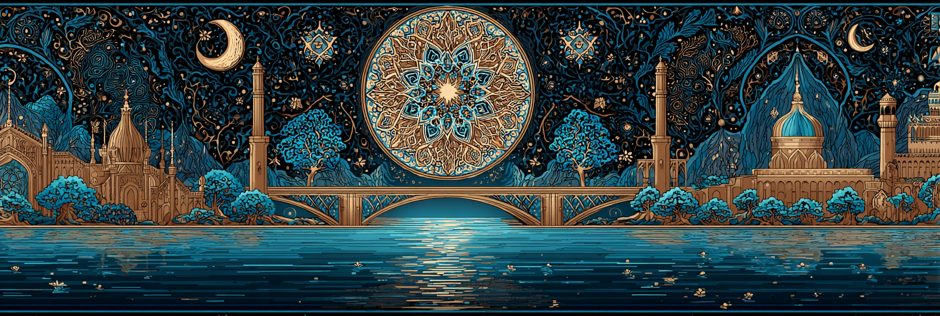 Kuenstlerische Illustration Stilisiertes Landscape Reflektierendes Wasser Golds And Blues | Orientalisch | Einrichtungsstile
