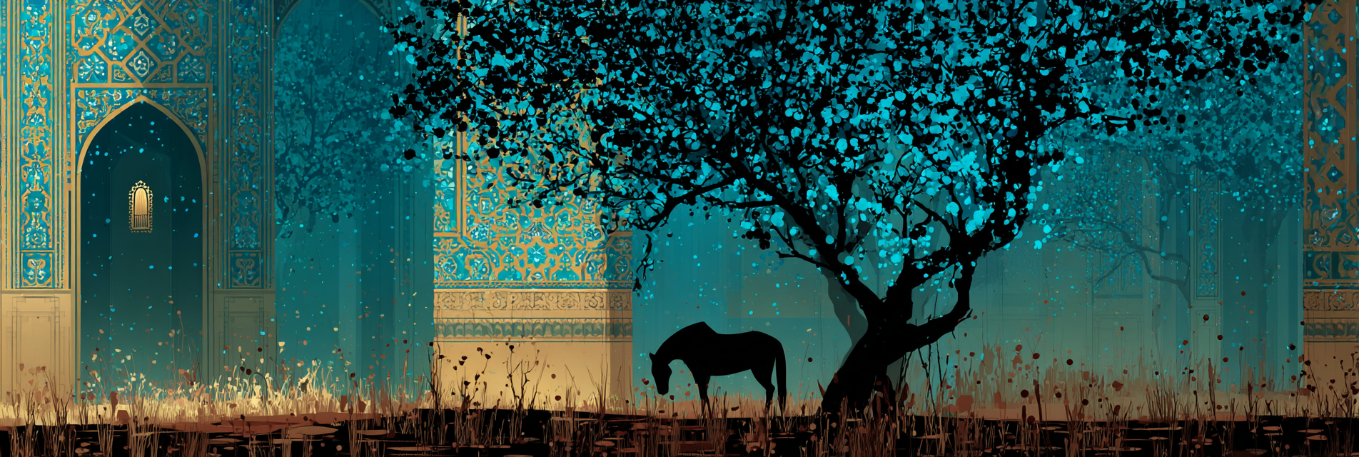 Ruhige Landschaft Mit Baum Pferd Und Architektur Szenario | Orientalisch | Einrichtungsstile