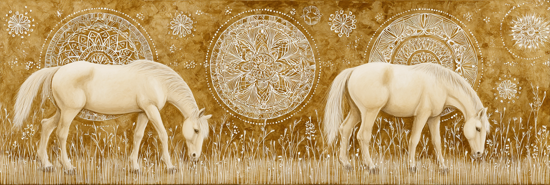 Weisse Pferde Grazing Mit Mandala Harmonisch Erdige Toene | Orientalisch | Einrichtungsstile