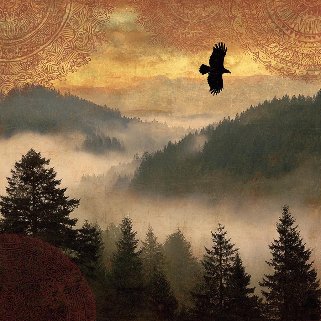 Landschaft Mit Berge Walder Nebel Vogel Am Himmel Bei Auffahrt Oder Abend | Orientalisch | Einrichtungsstile