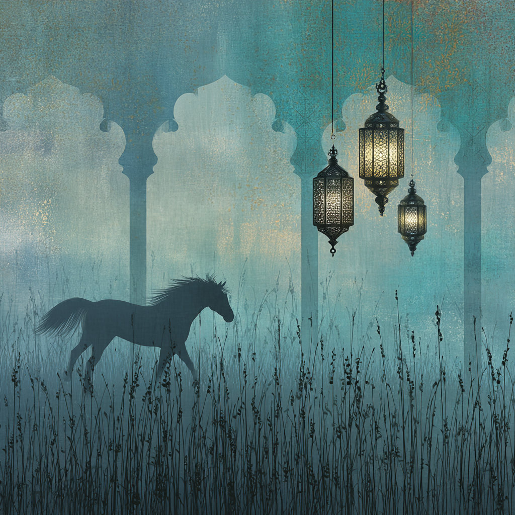 Pferdesilhouette In Hohen Gras Mit Laternen Und Architektur Mystische Atmosphaere | Orientalisch | Einrichtungsstile