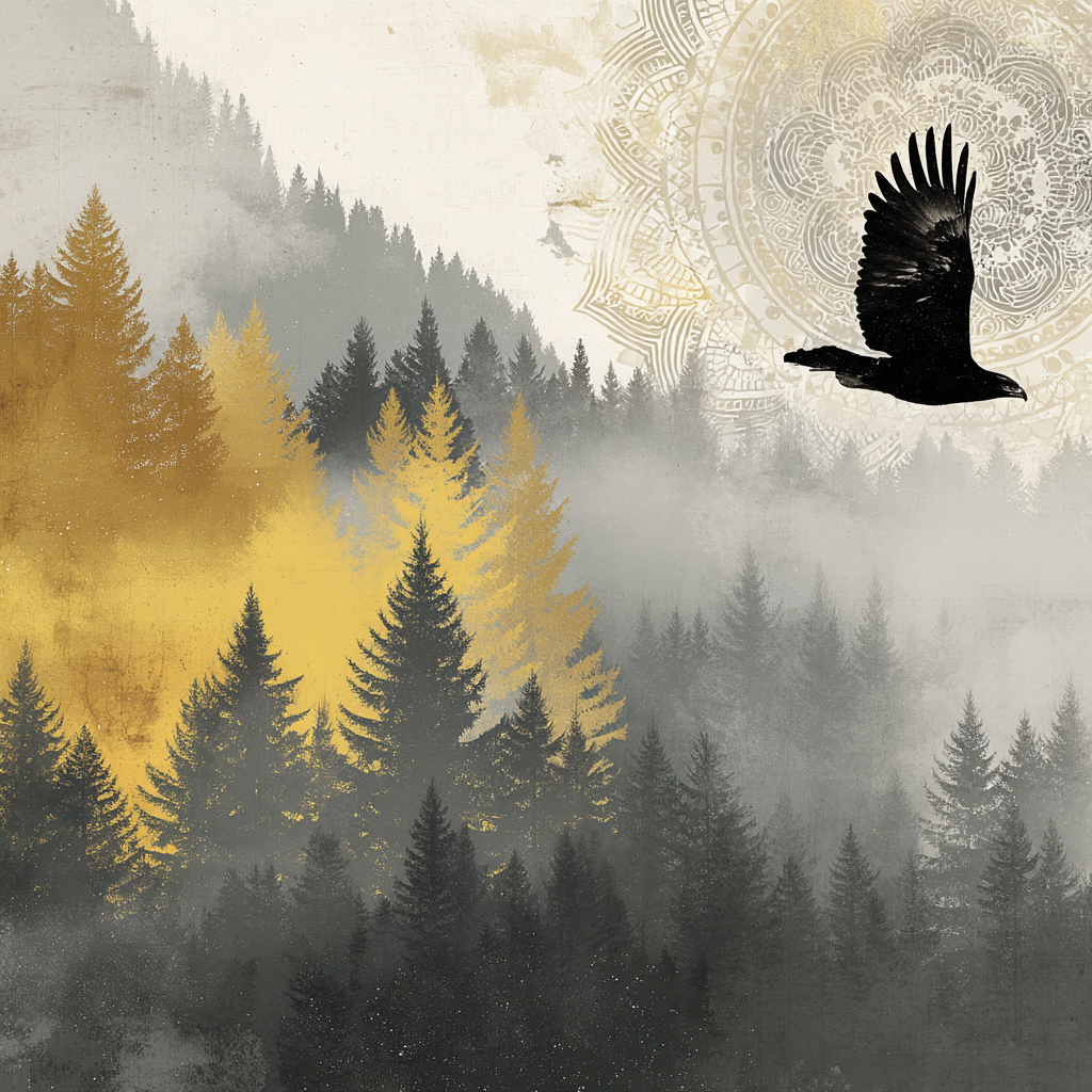 Stilisiertes Landschaft Mit Baum Silhouette Von Vogel Nebel Und Muster | Orientalisch | Einrichtungsstile