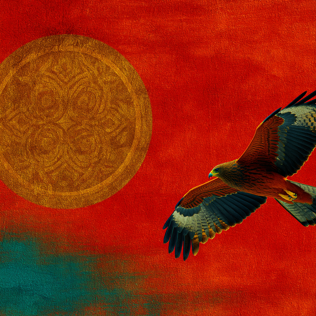 Vogel Im Flug Hintergrund Rot Blau Texturiert Sonnensymbol | Orientalisch | Einrichtungsstile