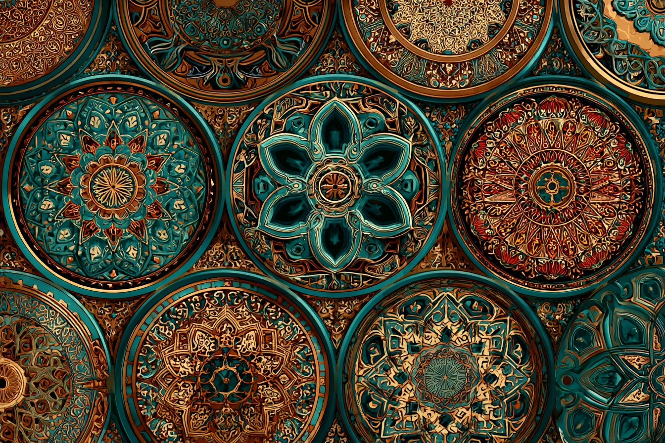 Fotografie Dekorative Teller Mit Geometrischen Mustern Teal Gold Rot | Orientalisch | Einrichtungsstile