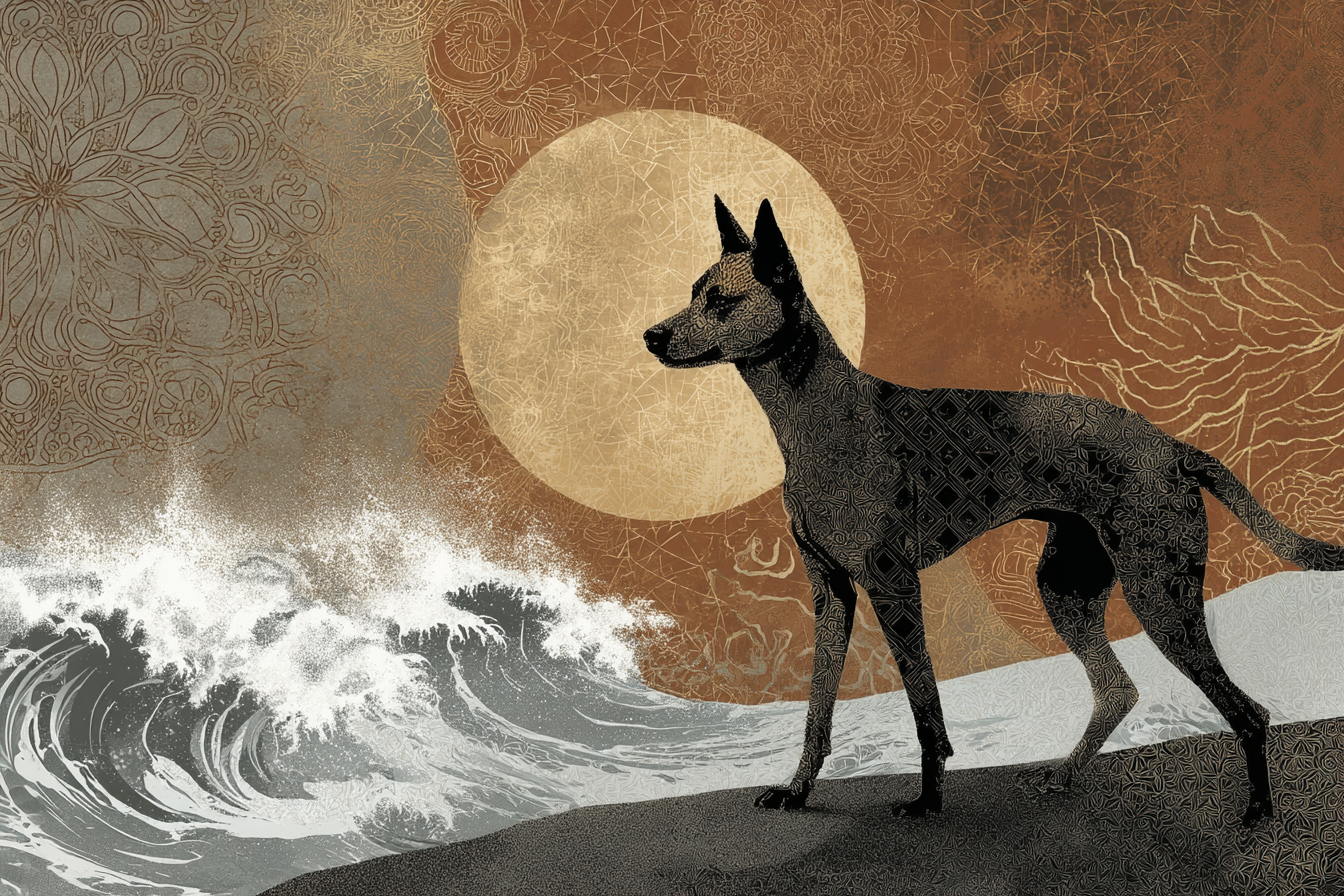 Hund Am Ufer Mit Wellen Und Grosser Sonne Kuenstlerische Illustration | Orientalisch | Einrichtungsstile