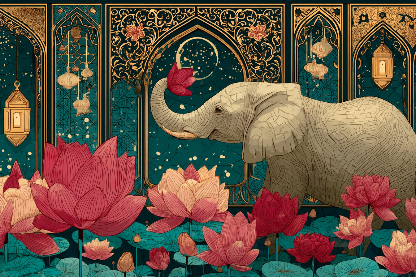Elefant Und Lotusblumen Mit Intrikaten Designs Goldene Accents | Orientalisch | Einrichtungsstile