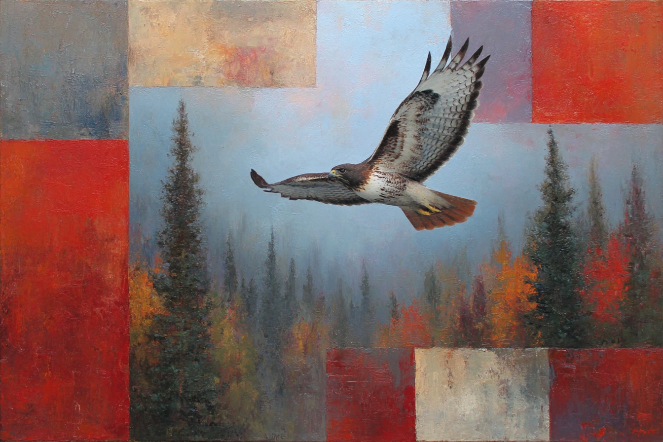 Hawk Im Flug Ueber Malerei Mit Geometrischen Formen Und Baeumen | Orientalisch | Einrichtungsstile
