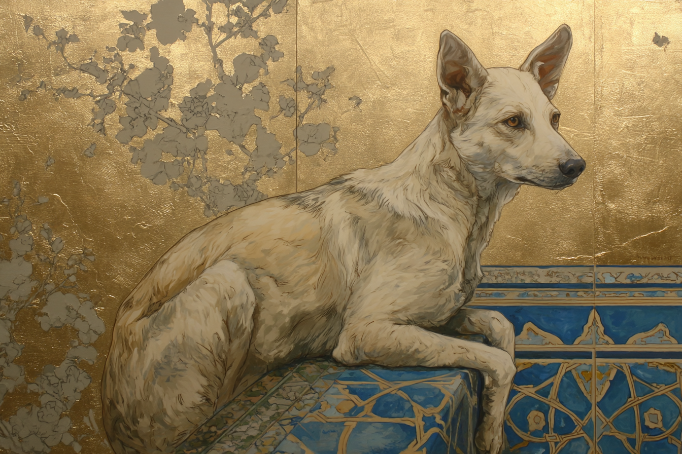 Hund Auf Blauem Muster Mit Gold Hintergrund | Orientalisch | Einrichtungsstile