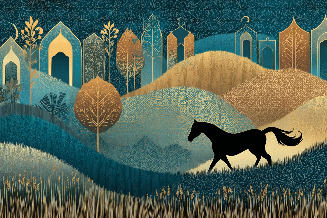 Pferde Silhouette Im Stylisierten Landscape Mit Huegel Baeume Und Architektonische Elemente | Orientalisch | Einrichtungsstile