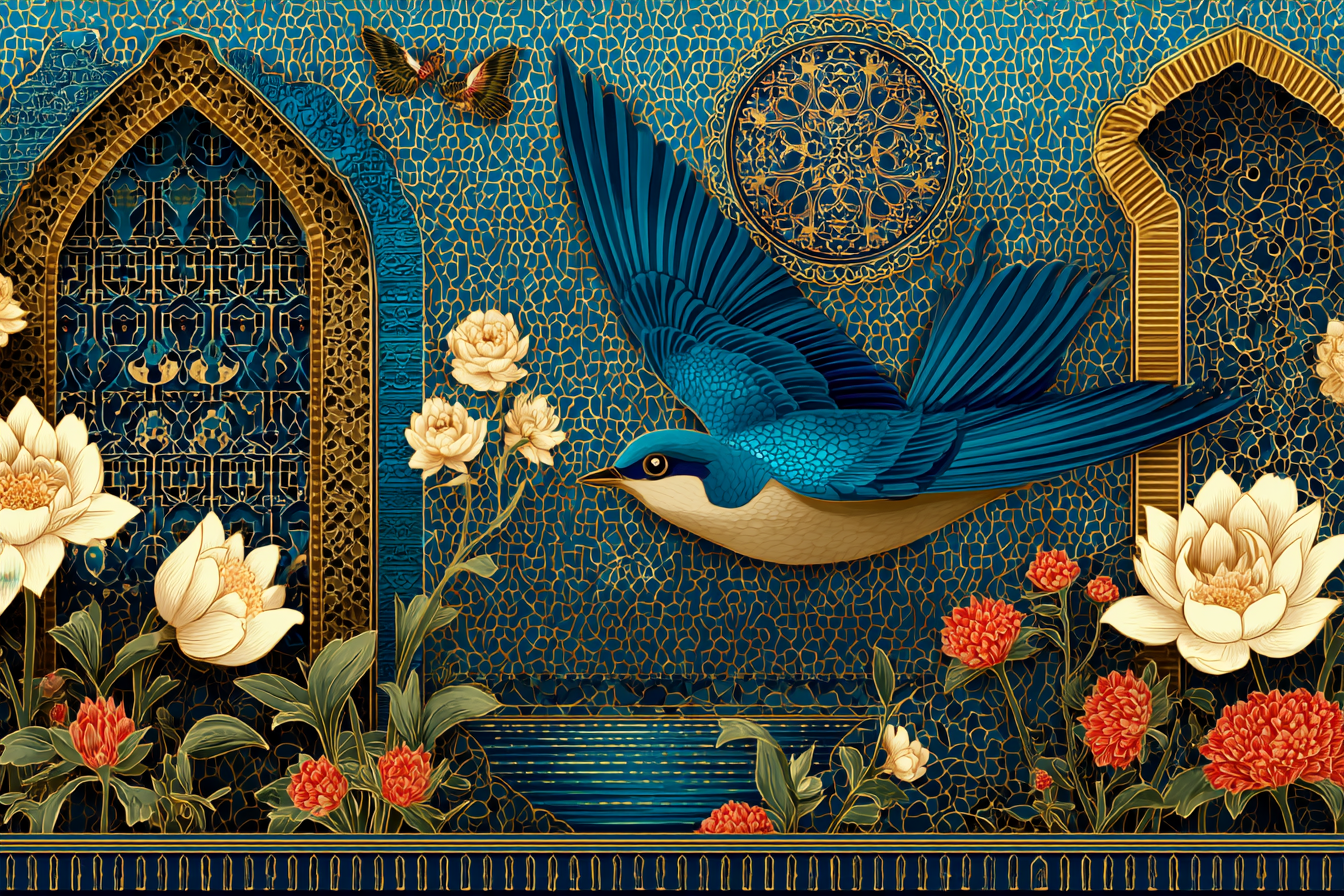 Stylisierter Blauer Vogel Im Flug Mit Bluetenelementen Und Geometrischen Motiven | Orientalisch | Einrichtungsstile