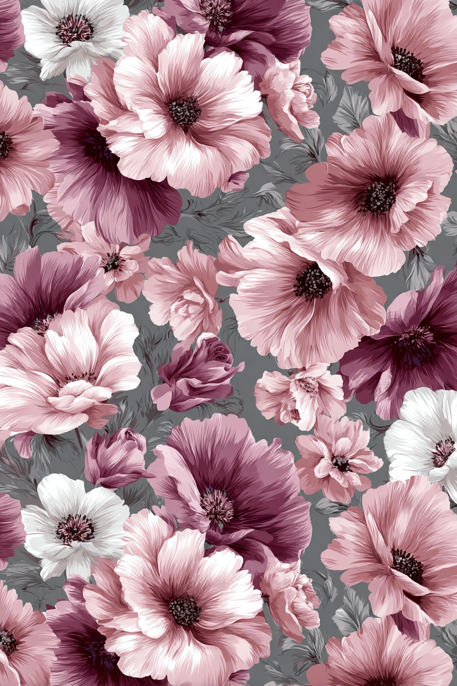 Blumenmuster In Rosa Burgunder Und Weiss Auf Grau Hintergrund | Romantisch und Landhaus | Einrichtungsstile