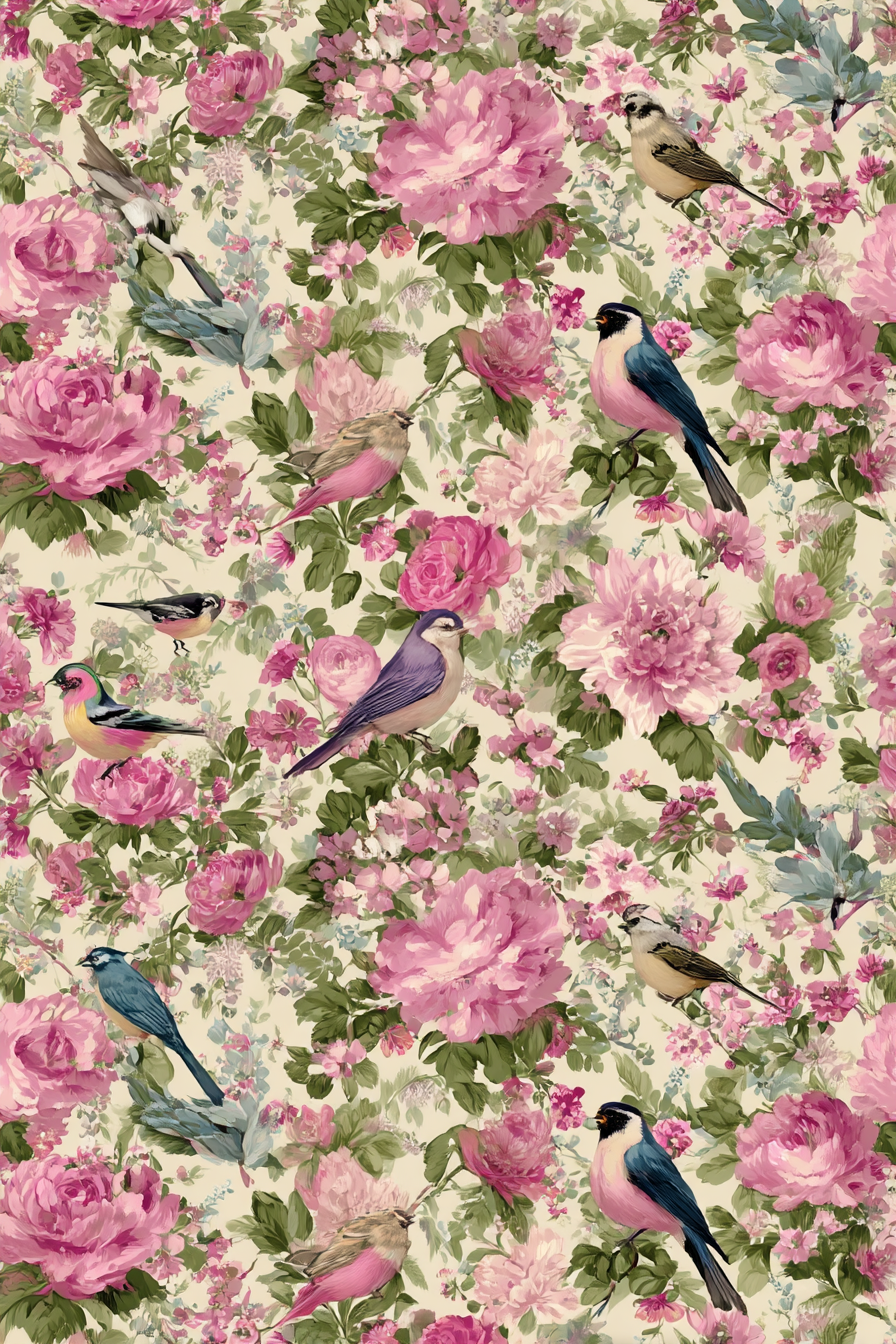 Blumenmuster Mit Voegeln Rosa Gruen Dekorativhintergrund | Romantisch und Landhaus | Einrichtungsstile
