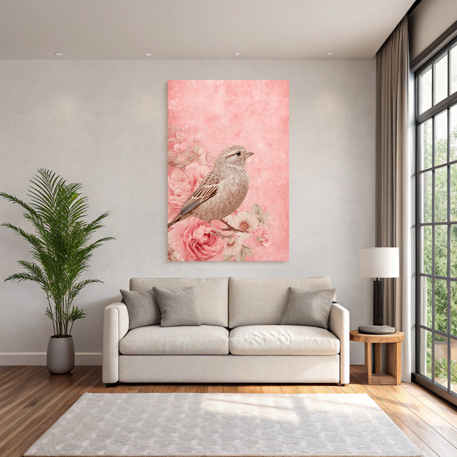 Vogel Vor Pinken Blumen Und Pinkem Hintergrund